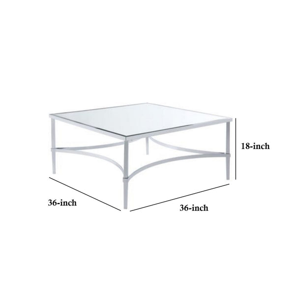 18 Inch Metal Coffee Table With Mirrored Glass Top, Silver