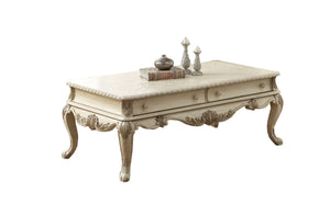 19 Inch 2 Drawer Traditional Wooden Coffee Table, Antique White - BM191257