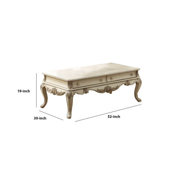 19 Inch 2 Drawer Traditional Wooden Coffee Table, Antique White - BM191257