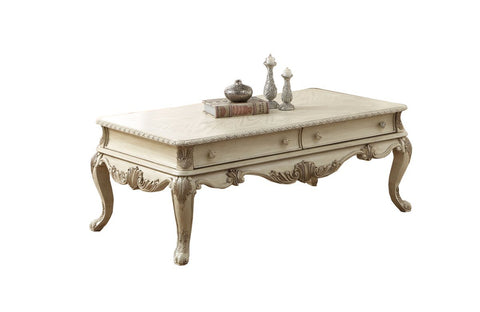 19 Inch 2 Drawer Traditional Wooden Coffee Table, Antique White - BM191257