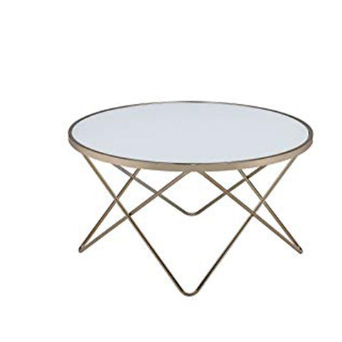 19" Round Glass Top Coffee Table With V Legs, White And Gold