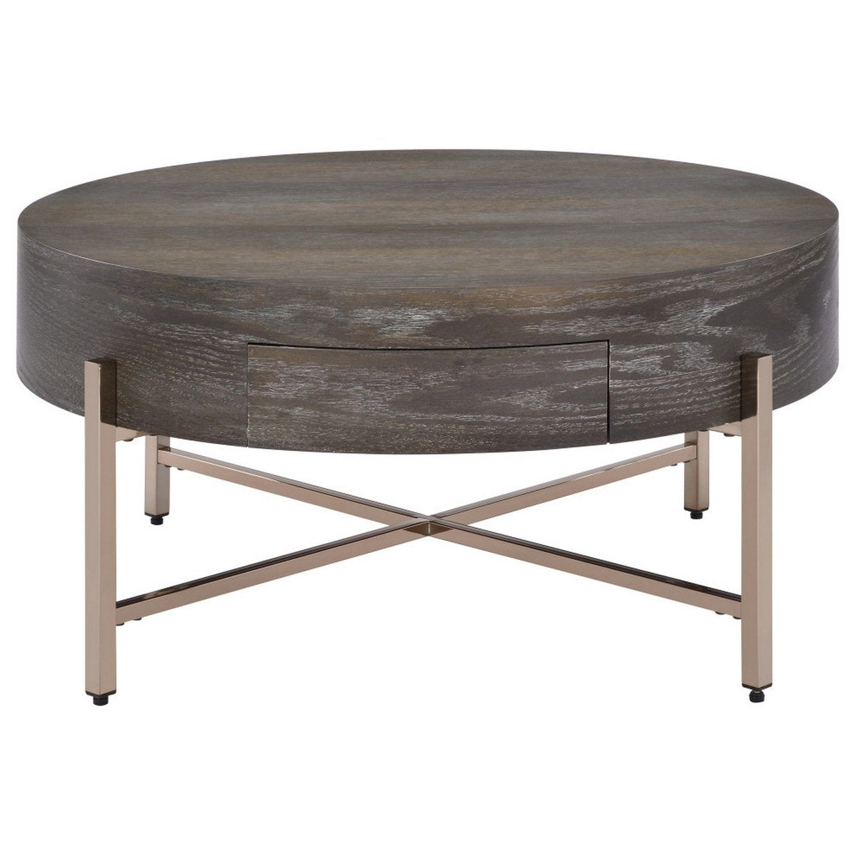1 Drawer Round Modern Coffee Table With Crossed Metal Legs, Brown And Gold - BM215037