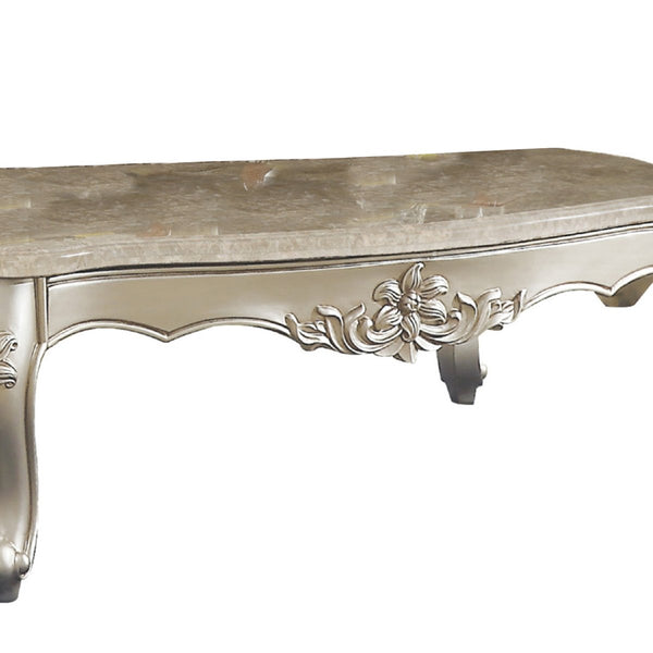 20" Carved Wooden Coffee Table With Marble Top, Silver