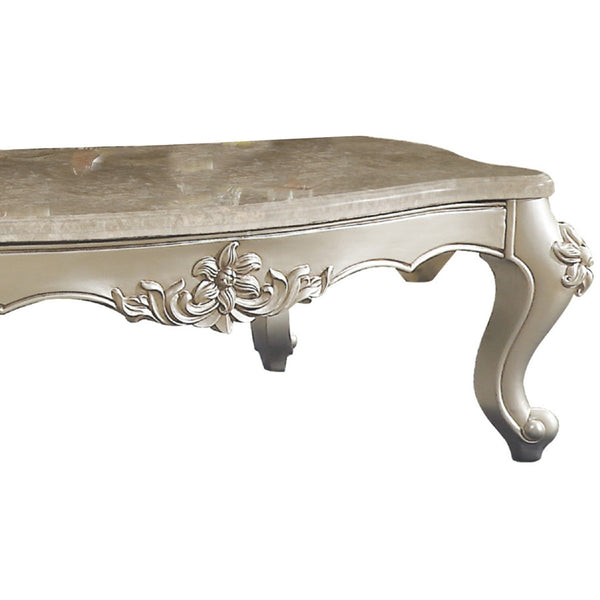 20" Carved Wooden Coffee Table With Marble Top, Silver
