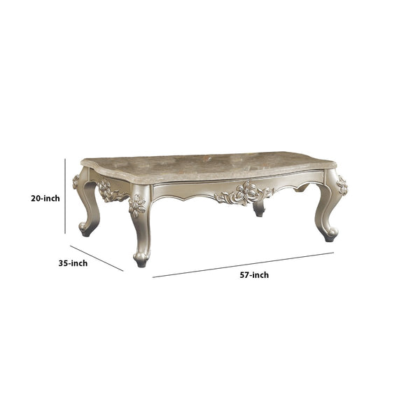 20" Carved Wooden Coffee Table With Marble Top, Silver