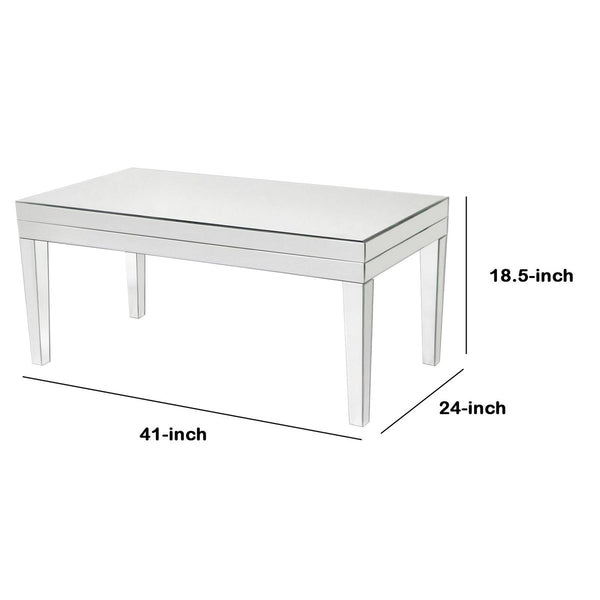 21 Inch Beveled Mirror Wood Coffee Table, Silver - BM229410