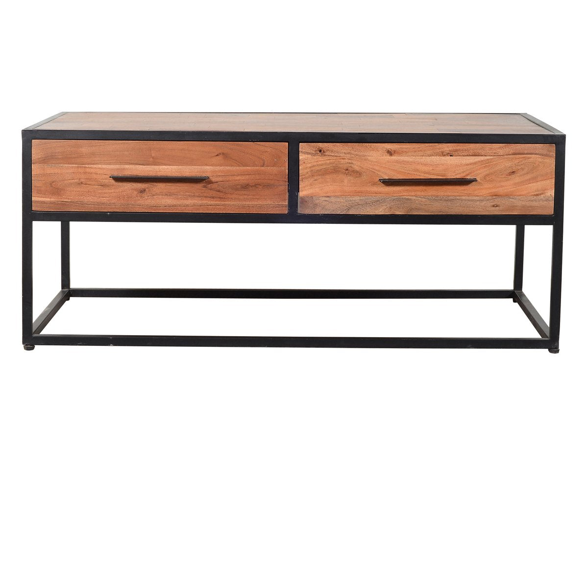 2 Drawer Industrial Metal Coffee Table With Wooden Tile Top, Brown And Black - UPT-197873