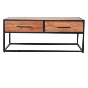2 Drawer Industrial Metal Coffee Table With Wooden Tile Top, Brown And Black - UPT-197873