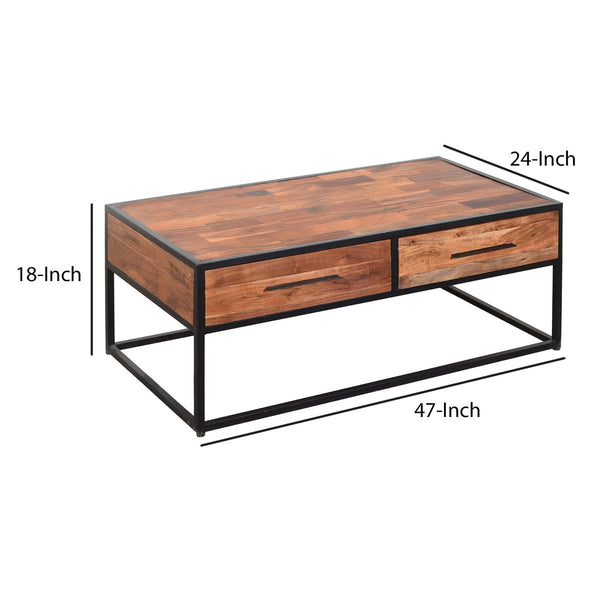 2 Drawer Industrial Metal Coffee Table With Wooden Tile Top, Brown And Black - UPT-197873