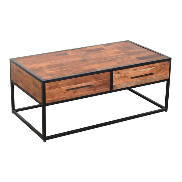 2 Drawer Industrial Metal Coffee Table With Wooden Tile Top, Brown And Black - UPT-197873