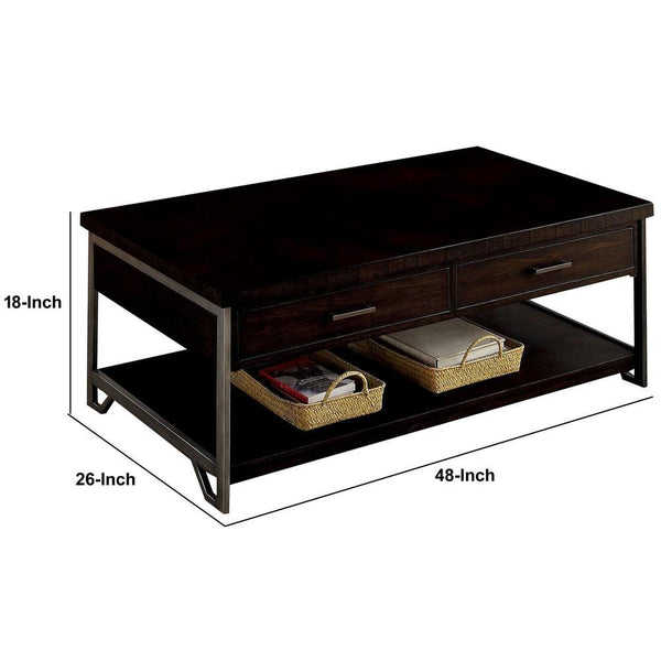 2 Drawer Wooden Coffee Table With Open Shelf, Dark Brown - BM233788