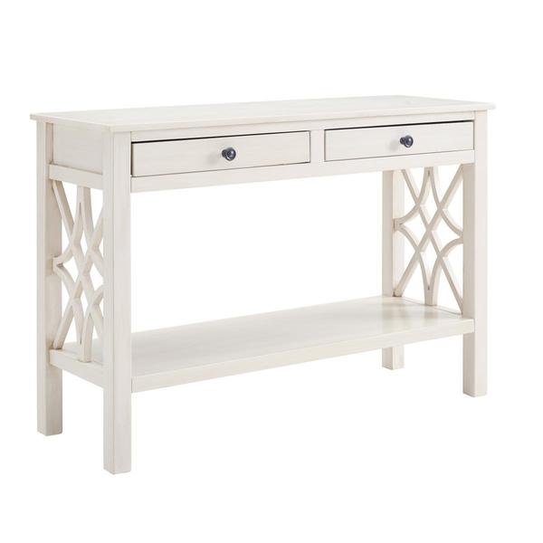 2 Drawer Wooden Console Table With Geometric Side Panels,Antique White - BM144393