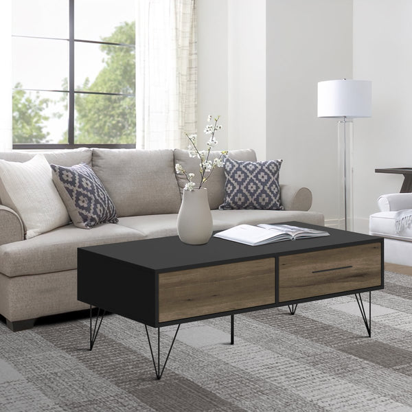 2 Removable Drawer Wooden Coffee Table With Hairpin Legs, Black And Brown - UPT-225267