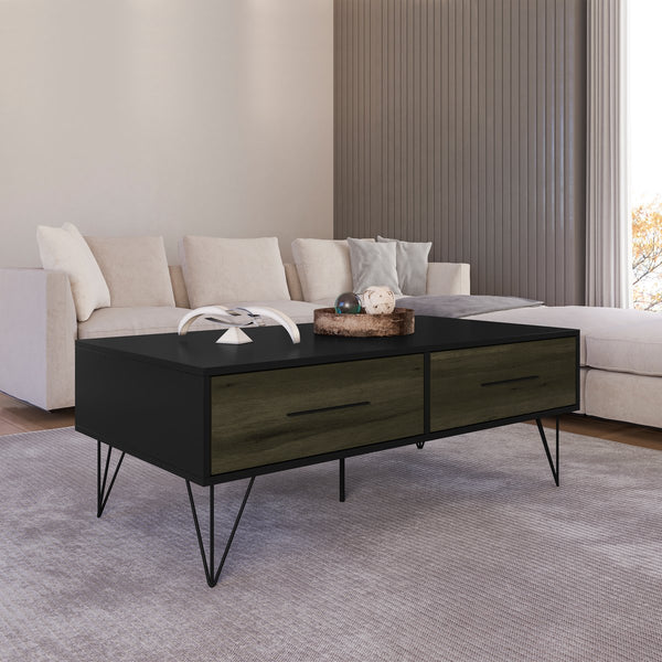 2 Removable Drawer Wooden Coffee Table With Hairpin Legs, Black And Brown - UPT-225267