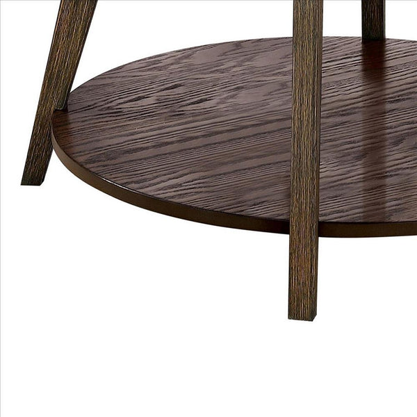 32 Inches Coffee Table With Round Glass Top And Angled Legs, Brown