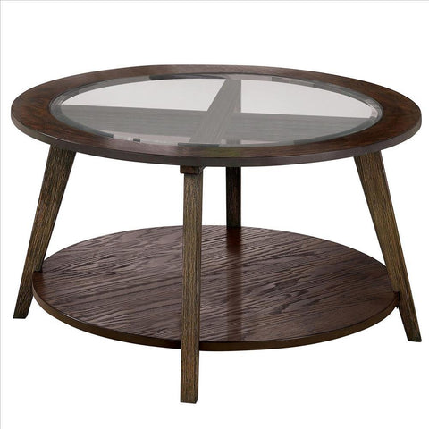 32 Inches Coffee Table With Round Glass Top And Angled Legs, Brown