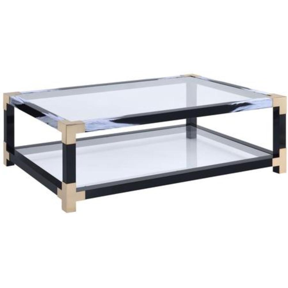 34 Inch Glass Top Rectangular Metal Coffee Table, Black