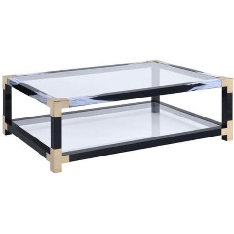 34 Inch Glass Top Rectangular Metal Coffee Table, Black