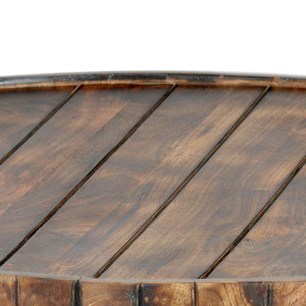 34 Inch Handmade Wooden Round Coffee Table With Plank Design, Burned Brown - UPT-204785