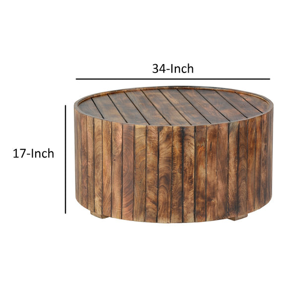 34 Inch Handmade Wooden Round Coffee Table With Plank Design, Burned Brown - UPT-204785