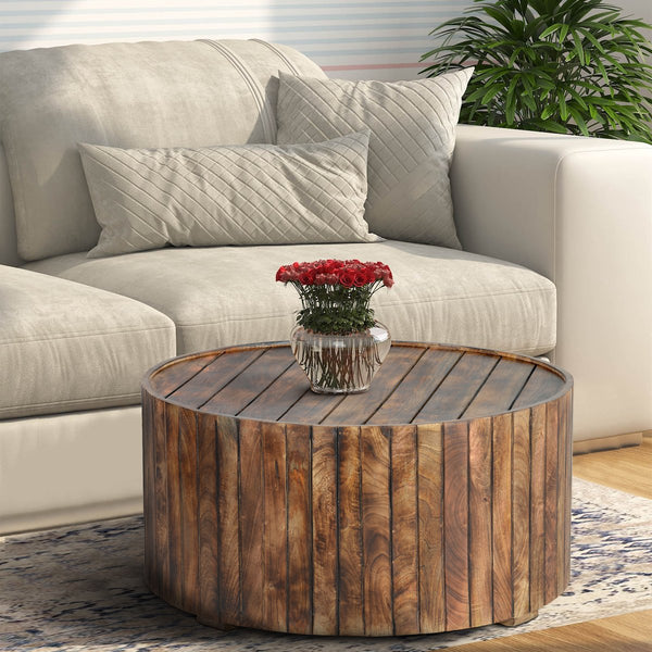 34 Inch Handmade Wooden Round Coffee Table With Plank Design, Burned Brown - UPT-204785