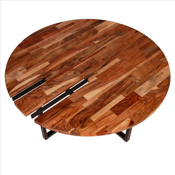 36 Inches Round Wooden Top Coffee Table With Metal Base, Brown And Black - UPT-238077
