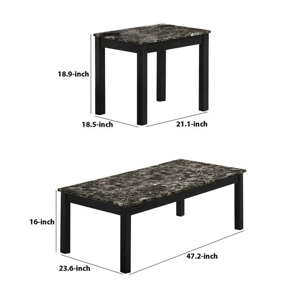 3 Piece Coffee Table And End Table With Faux Marble Top, Black - BM233098