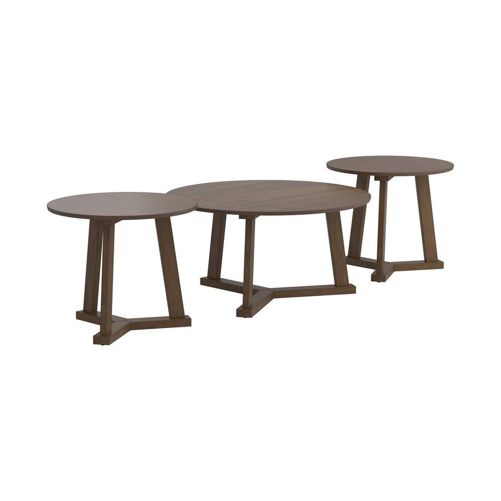 3 Piece Round Wooden Coffee Table And End Table With Tripod Base, Brown - BM233248