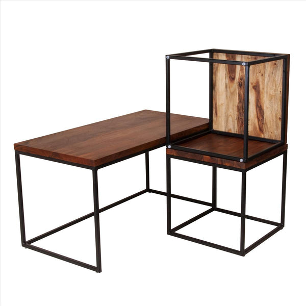 3 Piece Solid Wood Coffee Table Set With Grain Details And Metal Frame, Brown