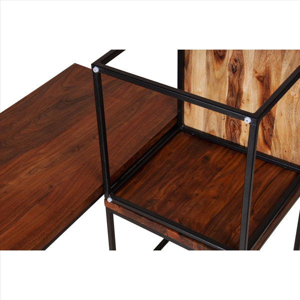 3 Piece Solid Wood Coffee Table Set With Grain Details And Metal Frame, Brown