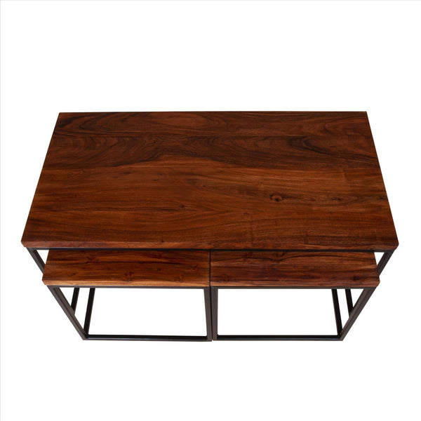 3 Piece Solid Wood Coffee Table Set With Grain Details And Metal Frame, Brown