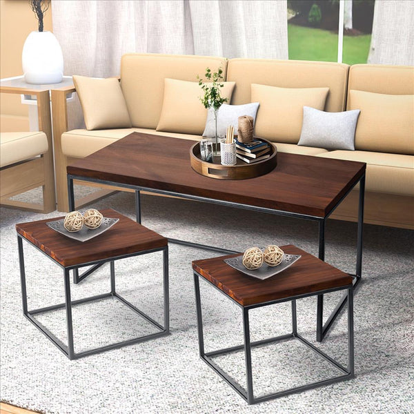 3 Piece Solid Wood Coffee Table Set With Grain Details And Metal Frame, Brown