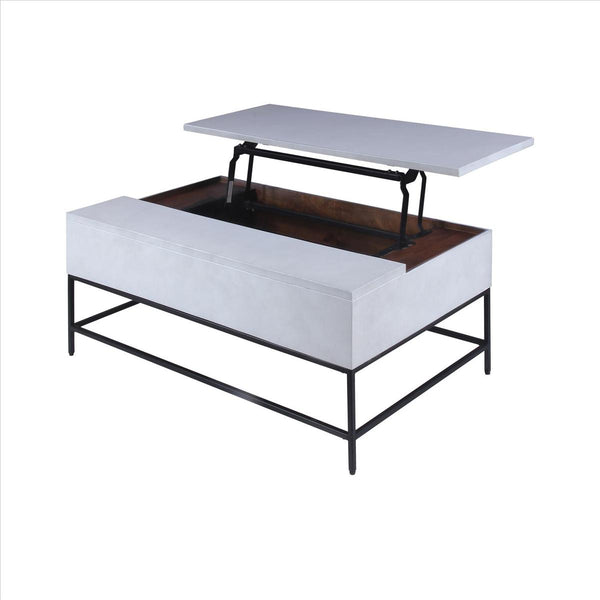 46 Inch Lift Top Storage Mango Wood Coffee Table With Tubular Metal Base,Gray And Black