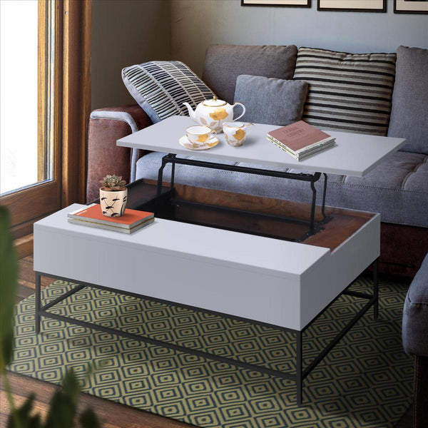 46 Inch Lift Top Storage Mango Wood Coffee Table With Tubular Metal Base,Gray And Black
