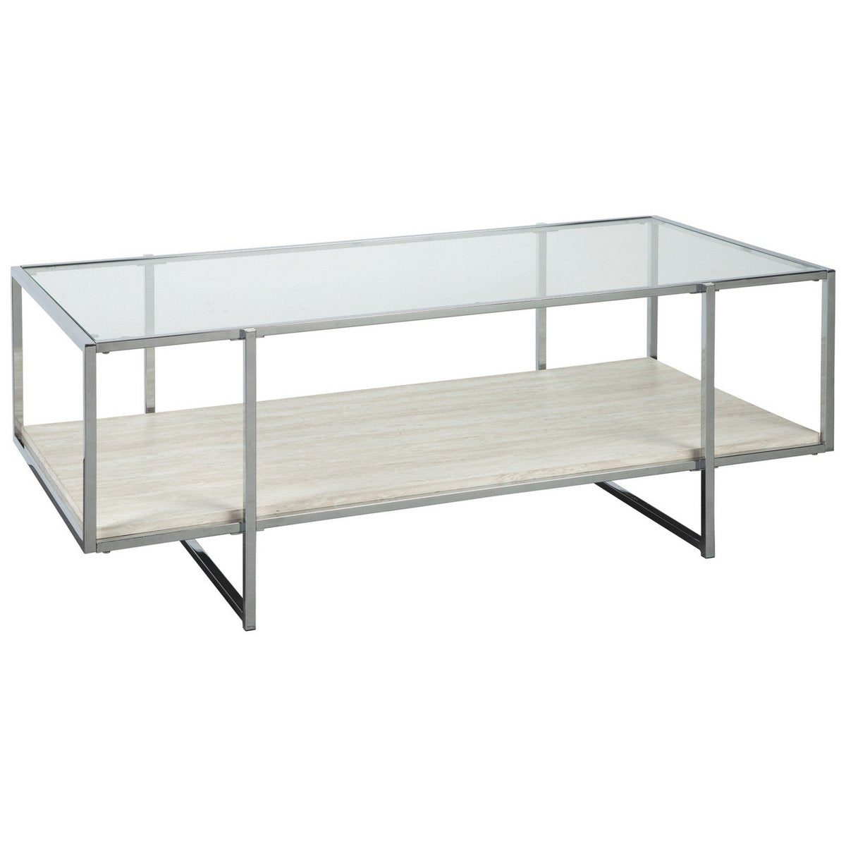 48 Inches Glass Top Cocktail Table With Stone Shelf, Clear And Chrome - BM230903