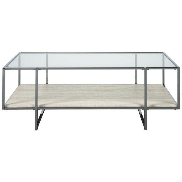 48 Inches Glass Top Cocktail Table With Stone Shelf, Clear And Chrome - BM230903