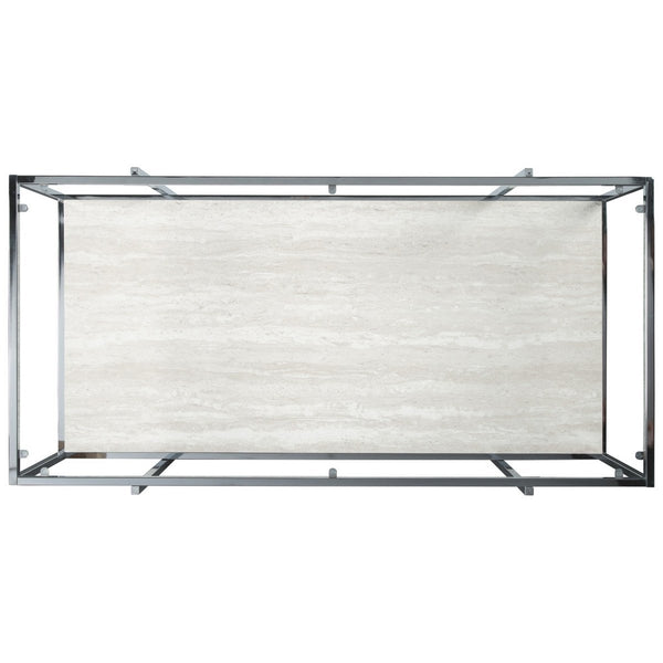 48 Inches Glass Top Cocktail Table With Stone Shelf, Clear And Chrome - BM230903
