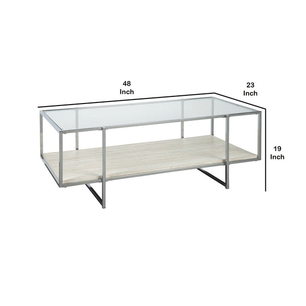 48 Inches Glass Top Cocktail Table With Stone Shelf, Clear And Chrome - BM230903