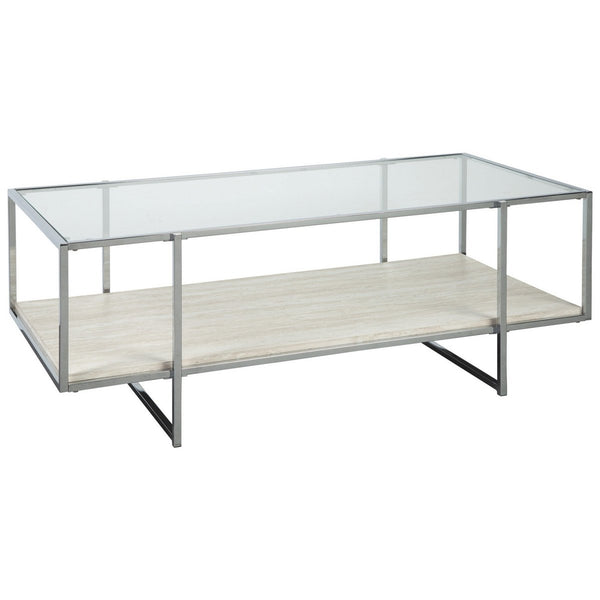 48 Inches Glass Top Cocktail Table With Stone Shelf, Clear And Chrome - BM230903