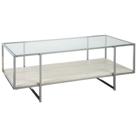 48 Inches Glass Top Cocktail Table With Stone Shelf, Clear And Chrome - BM230903