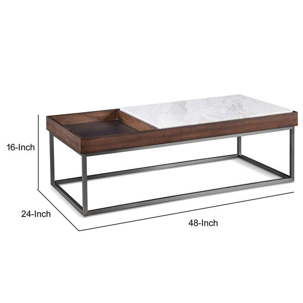 48 Inches Marble Top Coffee Table With Storage Slot, White And Brown