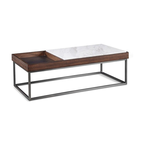48 Inches Marble Top Coffee Table With Storage Slot, White And Brown