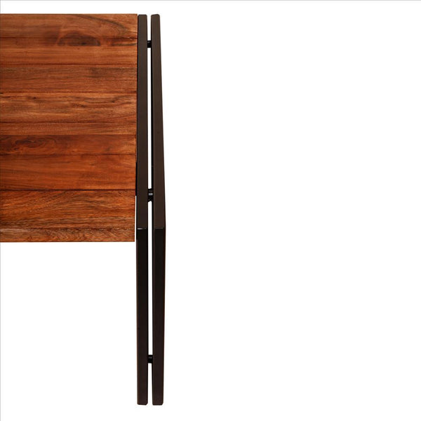 48 Inches Wooden Top Industrial Coffee Table With Metal Sled Base, Brown And Black