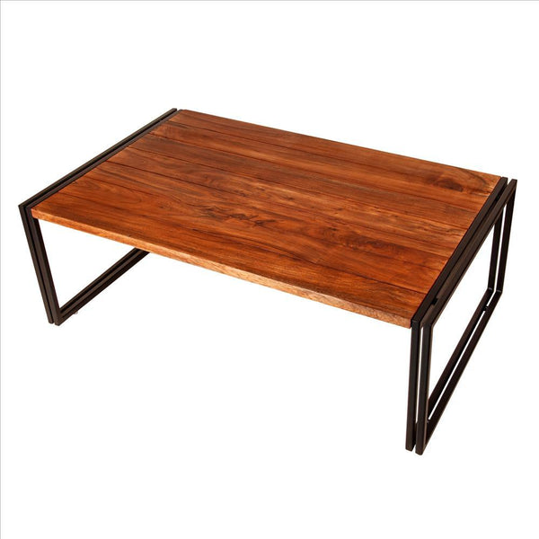 48 Inches Wooden Top Industrial Coffee Table With Metal Sled Base, Brown And Black