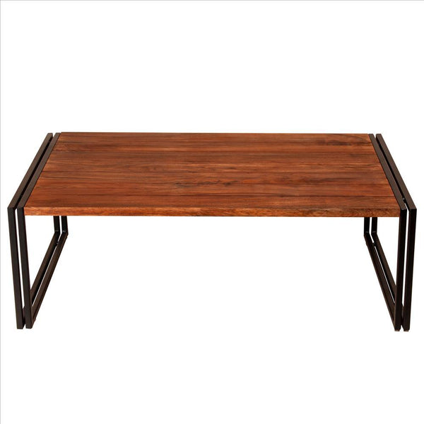 48 Inches Wooden Top Industrial Coffee Table With Metal Sled Base, Brown And Black