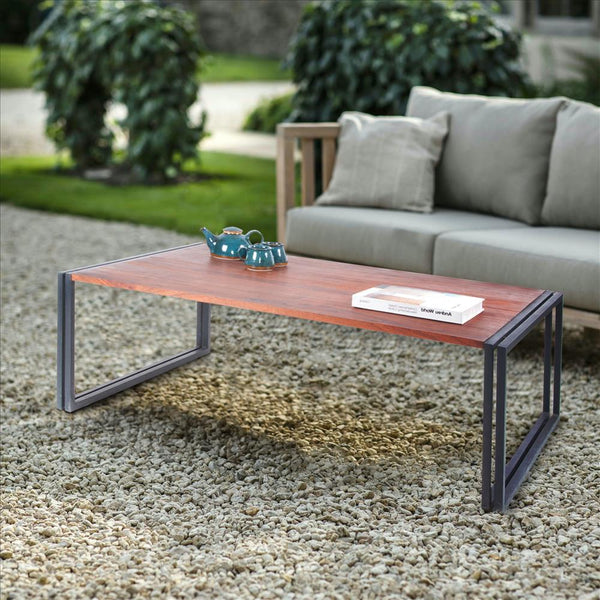 48 Inches Wooden Top Industrial Coffee Table With Metal Sled Base, Brown And Black