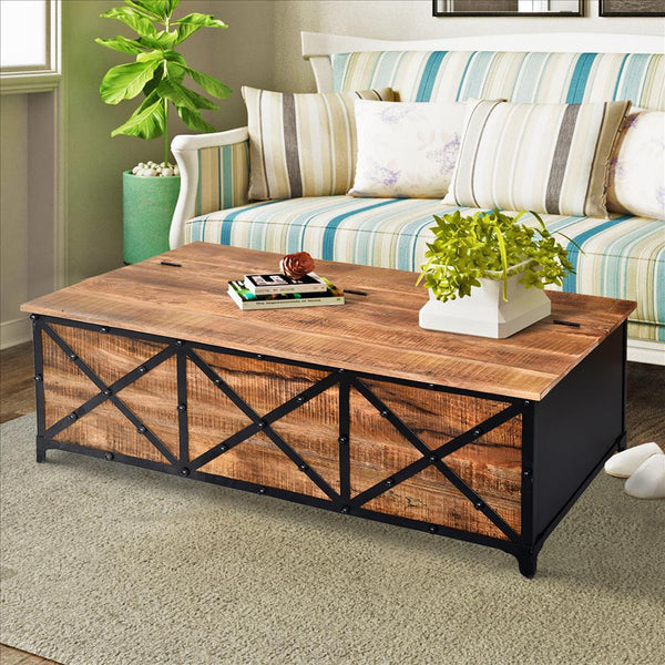 54 Inch Metal Cross Front Mango Wood Trunk Storage Coffee Table With Hinged Top,Brown And Blac - UPT-232507
