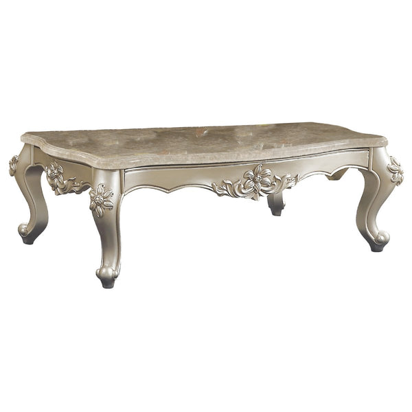 20" Carved Wooden Coffee Table With Marble Top, Silver