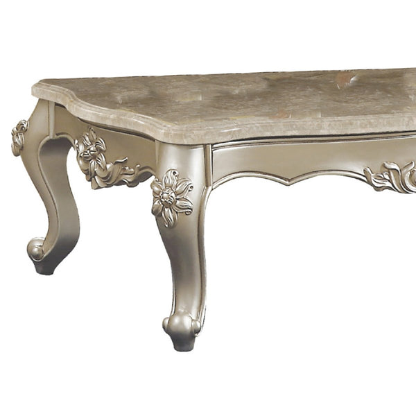 20" Carved Wooden Coffee Table With Marble Top, Silver