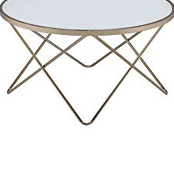 19" Round Glass Top Coffee Table With V Legs, White And Gold